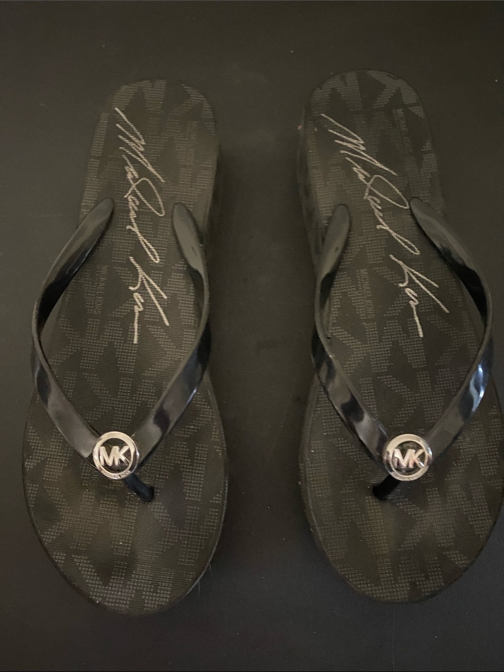 Michael Kors Black Logo Jelly Flip Sandals with Silver MK Accents